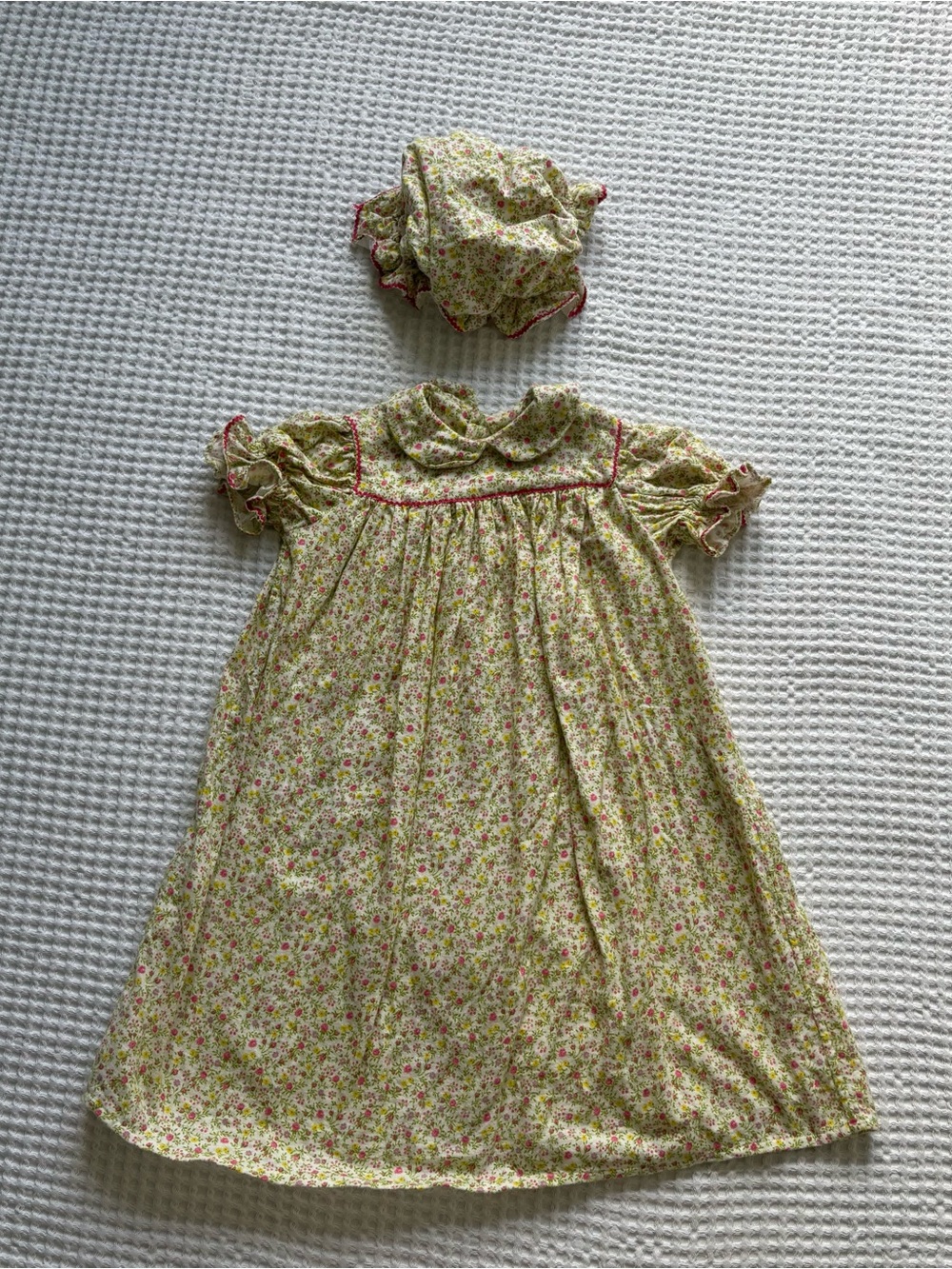 Vintage Floral Flannel Nightgown Bonnet Set Ric Rac Pioneer Cottagecore 2T/3T